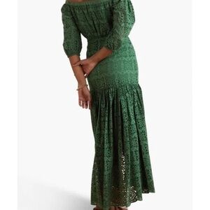 Veronica Beard Green Off-Shoulder Eyelet Maxi Dress